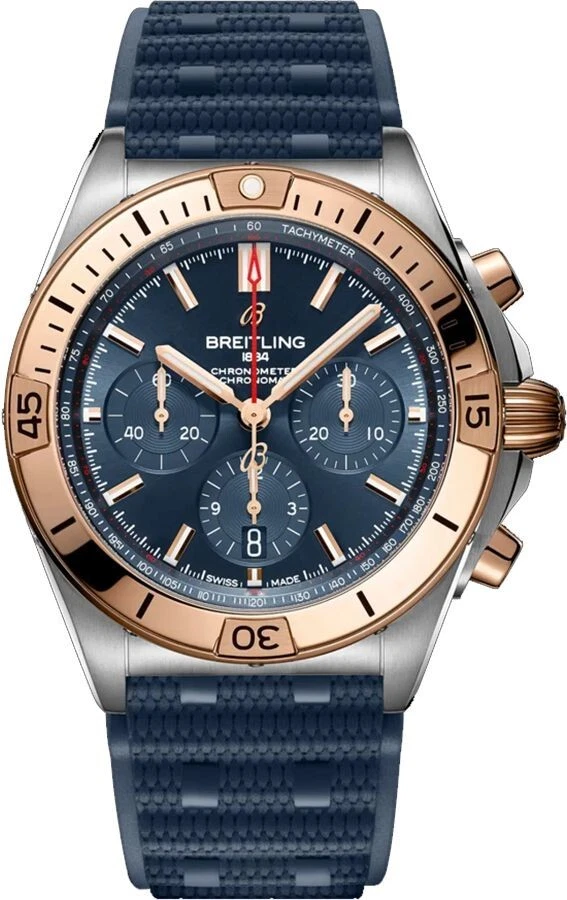 Breitling Chronomat Blue Dial Strap Rose Gold & Steel 42mm Men's Watch UB0134