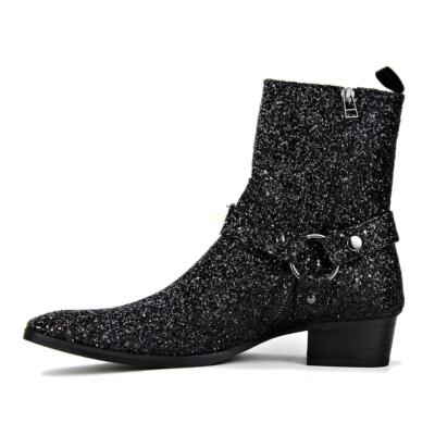 Mens Sequins Block Heel Ankle Boot Chukka Glitter Chelsea 