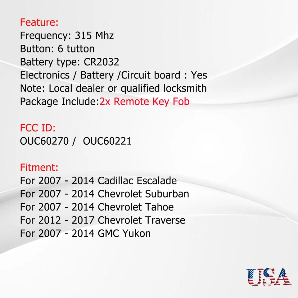 2 para GMC Yukon XL 1500 2500 2007-2014 entrada sin llave mando a distancia coche llavero 15913427 Foto 2 de 4