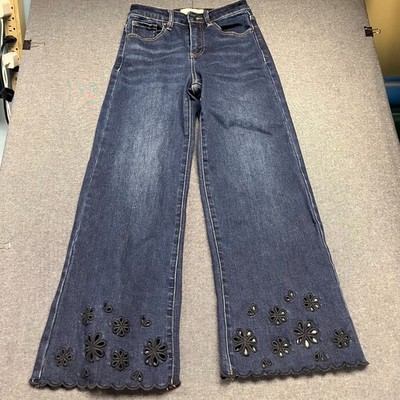 Risen Women's Jeans Size1/25 Blue Floral Laser Cut Hem Flare Wide Leg Dark Wash