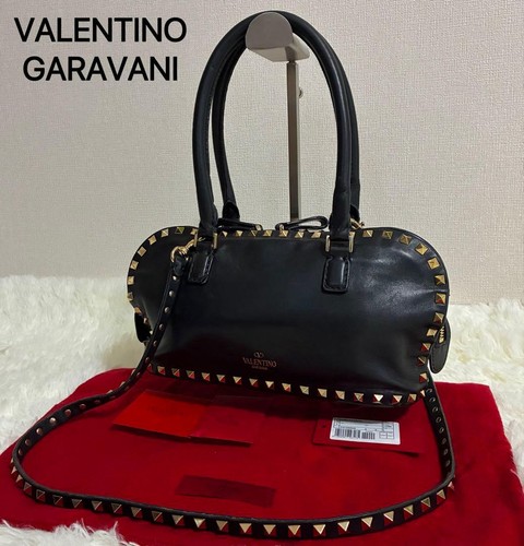 VALENTINO GARAVANI Women Rockstud 2Way Tote Shoulder Bag Black Leather Gold