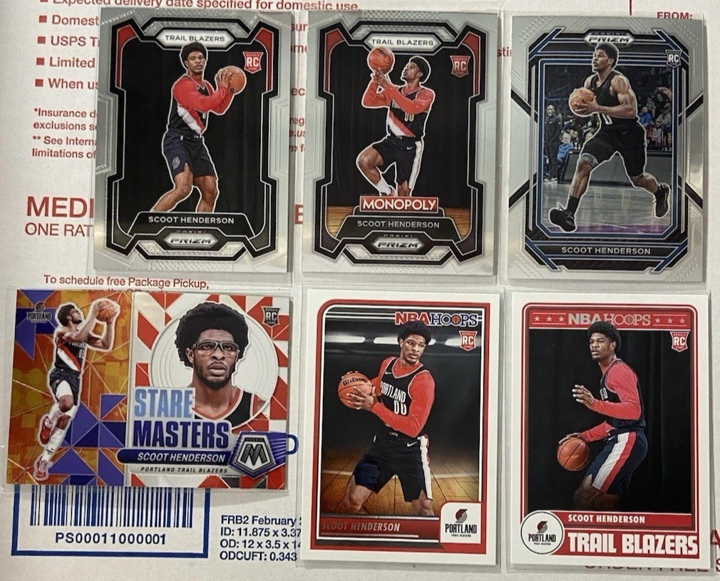 Lot of 6 Scoot Henderson Rookies 2023-24 Prizm, Monopoly, Mosaic Stare Masters