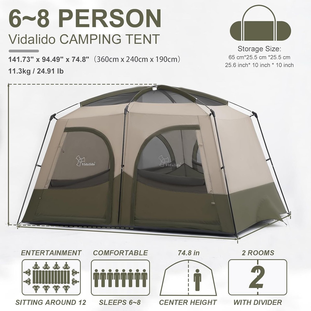 Vidalido Tents，6-8 Person Camping Tent with Extended Vestibule，2
