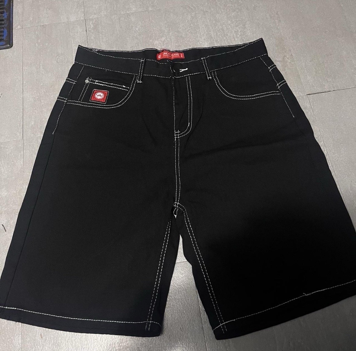 JNCO Shorts Pitbull Black Denim White Stitching Brand New 32x32