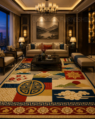 Japanese Geometric Rug,Oriental Hand Tufted Wool Rug, Asian Inspired Area Rug