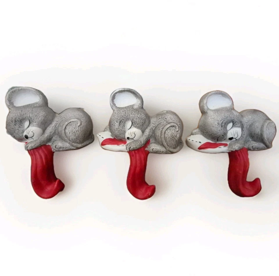 Christmas Stocking Hanger Holders 3 VTG House of Lloyd Porcelain Mice Ceramics - Image 4 of 4