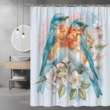 Blue Birds and Floral Shower Curtain, Pastel Bird Art