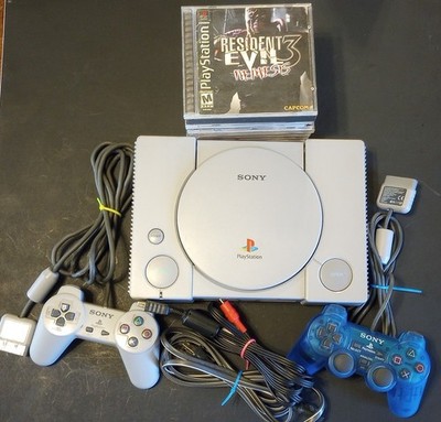 Sony PlayStation PS1 SCPH-9001 Console Bundle 2 Controllers 9 Games Res Evil Nem
