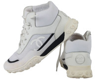 CHANEL CC Logo White Leather High Interlocking Ankle Trainer Sneakers Size 37.5