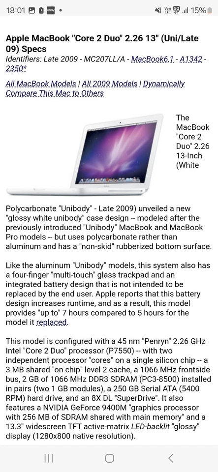 Macbook A1342 EMC 2350, Core Duo, 13.3", 250Gb HDD,2Gb RAM,USER PASSWORD LOCKED - Image 2 of 4