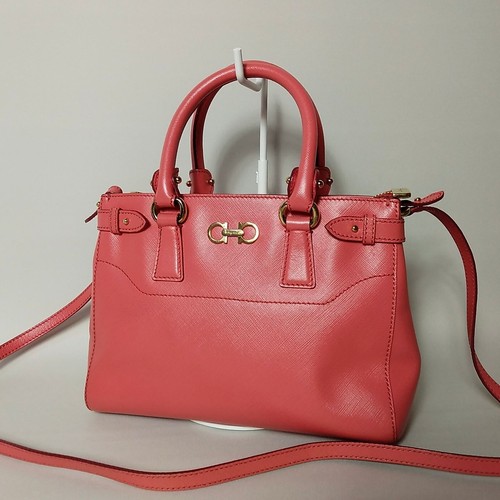 Salvatore Ferragamo Salmon Pink Leather 2WAY Bag Gancini Authentic Women's Hand - 第 1/9 張圖片