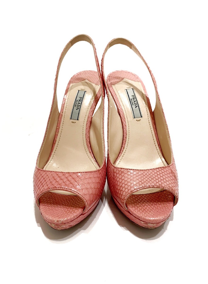 靴 PRADA python leather pumps pink PRADA - Pink Snakeskin Python Leather Peep Toe Slingback