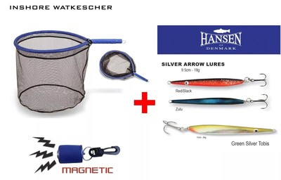 Inshore Floating Kescher  + 3er Set Hansen Meerforellenblinker Silver Arrow