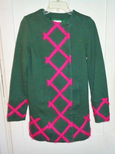 Anthropologie Elevenses Tamarisk Lattice Fall Green Hot Pink Knit Top Coat Sz 4