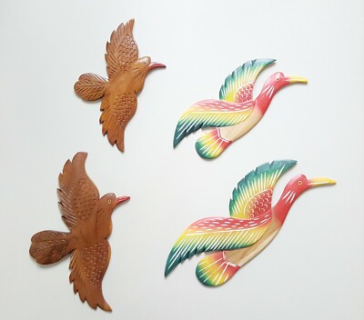 5 Pcs Wooden Flying Bird Wall Mount Art Decor Plaque Hand Painted Teak Wood Lawn