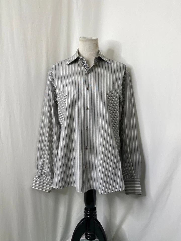 Marcello Sport Men’s Medium Dress Shirt Grey White Black Striped Flip Cuff - Изображение 2 из 4