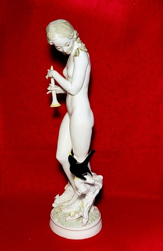 HUTSCHENREUTHER CARL WERNER SIGNED NUDE w/BIRD PLAYING HORN FIGURINE GERMANY 13" - Picture 6 of 10