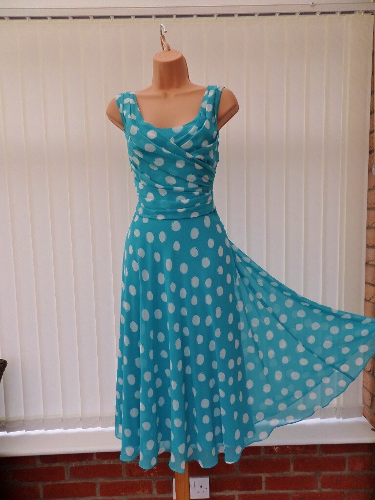 JACQUES VERT SHEER TURQUOISE CHIFFON 50'S MIDI COCKTAIL DRESS 10