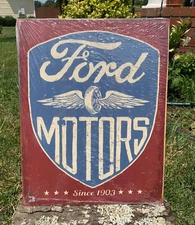 Vintage Ford Motors Since 1903 Tin Metal Sign Auto Wheel Winged Logo Garage Shop