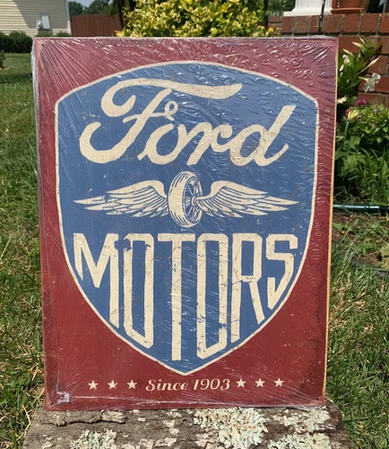 Vintage Ford Motors Since 1903 Tin Metal Sign Auto Wheel Winged Logo Garage Shop