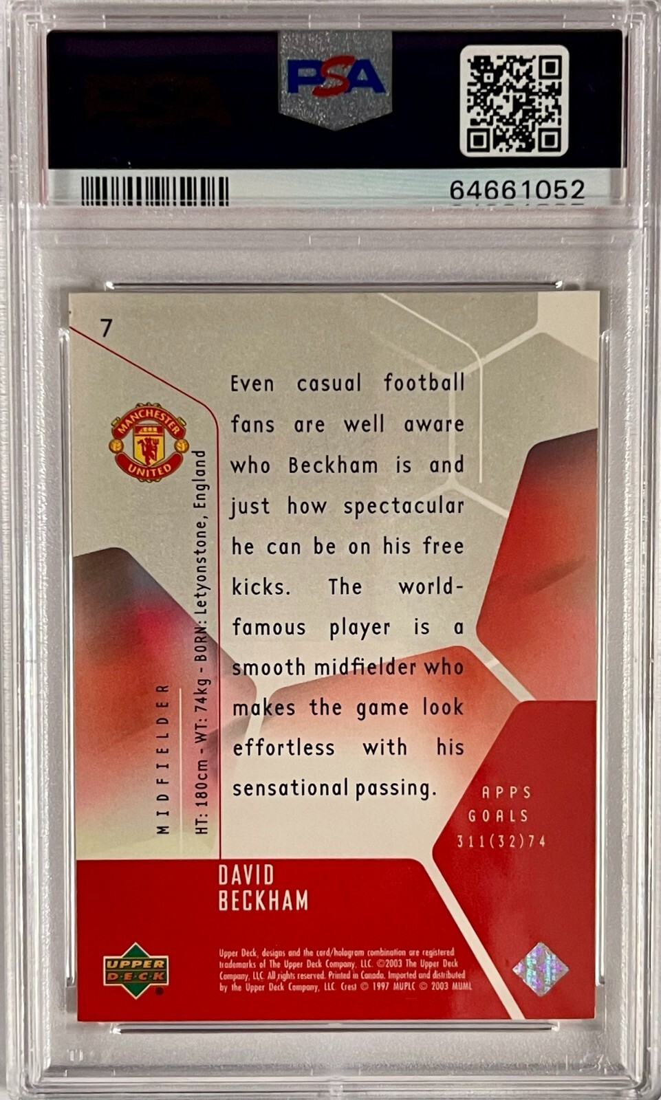David Beckham - 2003 Upper Deck Manchester United Mini Playmakers #7 PSA MINT 9 view 4