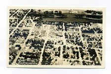 Mora MN, Kanabec County, aerial, streets, homes, 1944 RPPC postcard