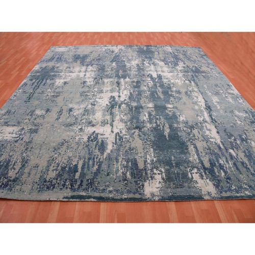 12'x12' Grotto Blue Abstract Design Silk and Wool Hand Knotted Square Rug R75333 - Picture 2 of 11