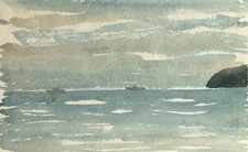 Unknown Impressionist - View of the Sea with Boats and Rocks - Watercolor