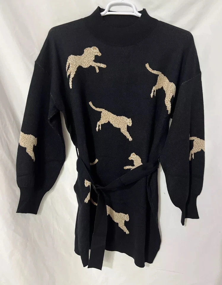 Entro Black “Stay Fierce” Cheetah Sweater Dress W Belt Mock Neck Sz L