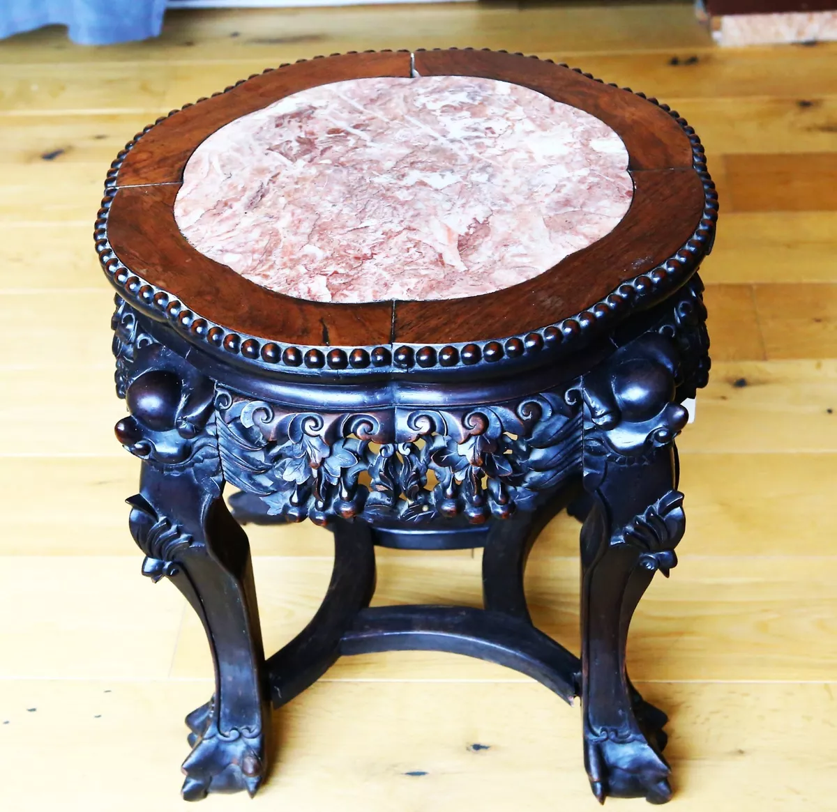 Antique Large Chinese Hard Wood Carved Table Marble Top 19th Century