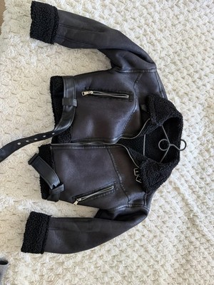 Damen Bikerjacke Kunstleder Schwarz Teddyfell Shearling Größe L