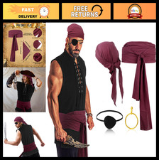 5 Pcs Pirate Costume Set for Men  Women - Medieval Renaissance Shirt, Bandana,
