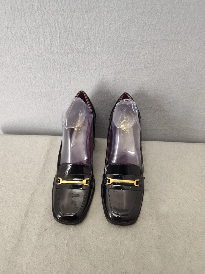 Franco Sarto Mujer Pump 10 Negro Charol Mocasín Horsebit Zapatos Tacón Bloque Foto 2 de 4