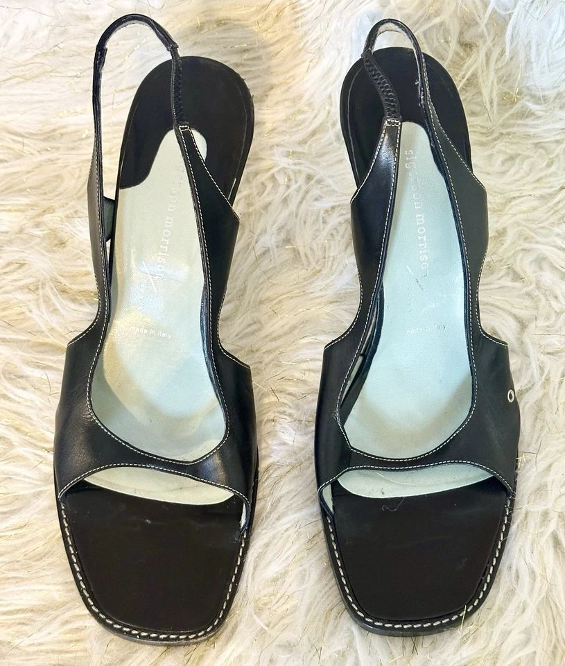 Sigerson Morrison Vintage Black Leather Slingback Heels Size 10 Made In Italy - Image 2 of 4