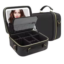 Black Makeup Bag with Mirror, Adjustable Dividers, Brush Holder, 10.43x9.05x4  