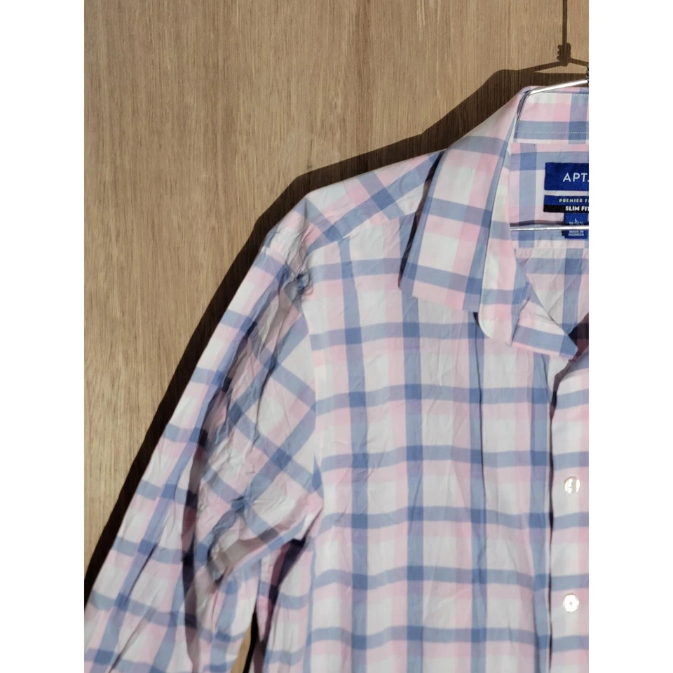 APT. Camisa de vestir 9 Premier Flex para hombre L rosa azul a cuadros calce ajustado elástica moderna Foto 2 de 4