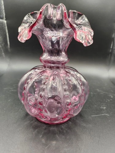 Fenton 1945-1949 Diamond Optic Double Crimped Ruffle Cranberry Rose Bowl Vase