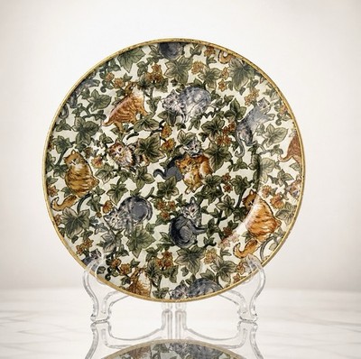 Vintage 1980s Decoupage Glass Plate Cats In Foliage Lesley Anne Ivory Style, 10 