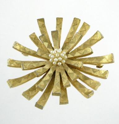 Vintage Benedikt NY Signed Goldtone Metal and Faux Pearl Brooch or Pin