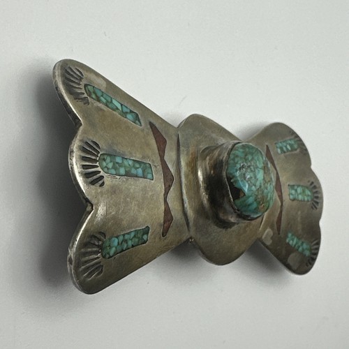 Native American Navajo Signed “CJ” Silver Turquoise Coral Bow Tie Belt Loop #1 - Picture 2 of 9