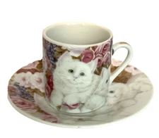 Herman Dodge "Hues 'N Brews" White Cat Floral Espresso Cup and Saucer