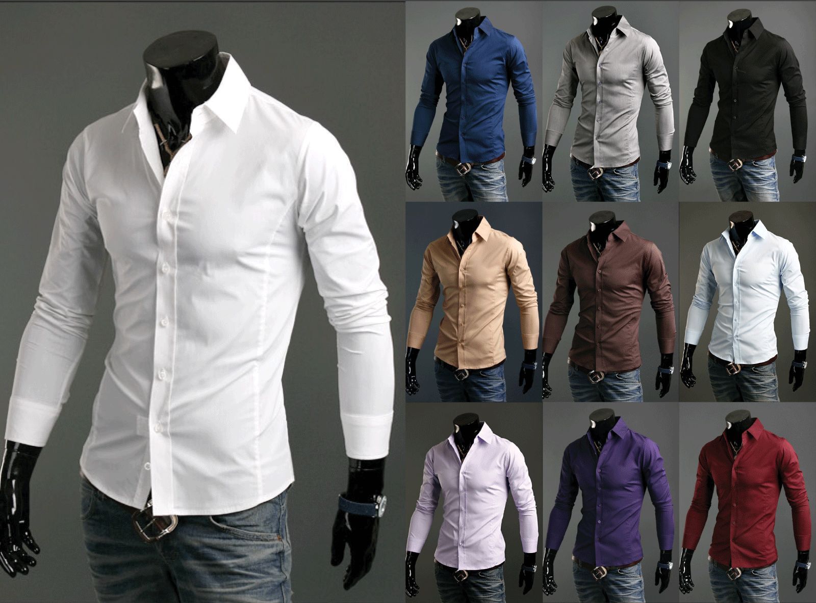 New Luxury Shirts Mens Casual Formal Slim Fit Shirt Top S M L XL XXL PS01