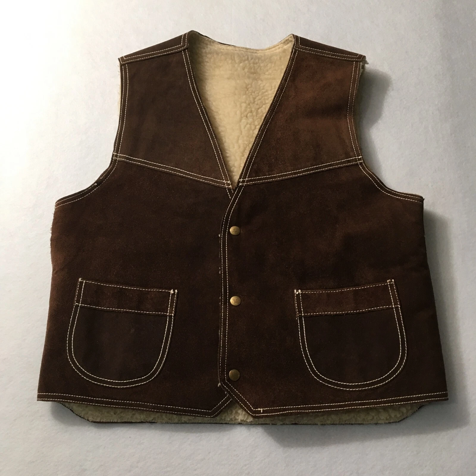VTG Genuine Sueded Cowhide Men's Western Vest Pile Lining XL 70's rockabilly