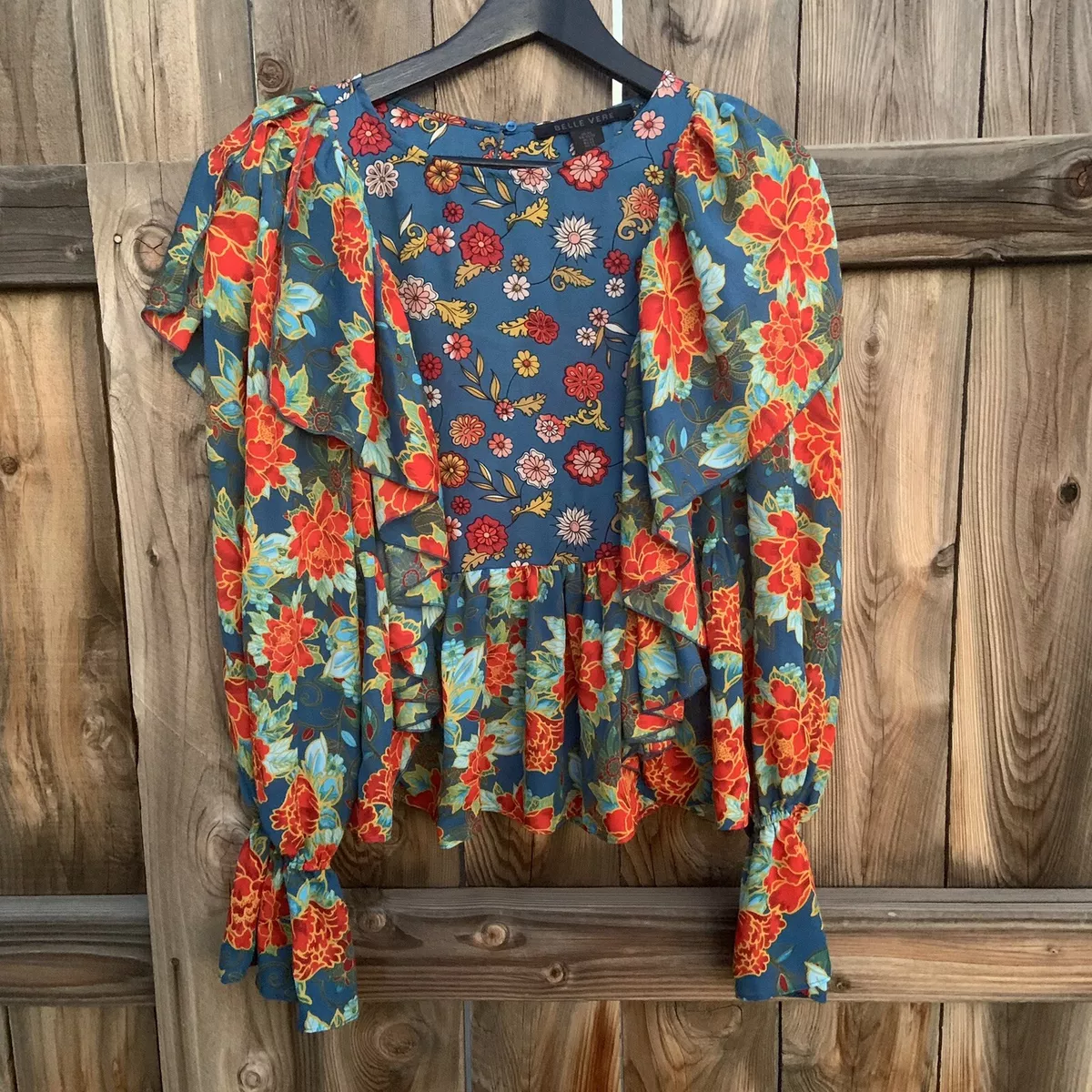 Belle Vere Women Colorful Long Sleeve Ruffle Boho Blouse XS
