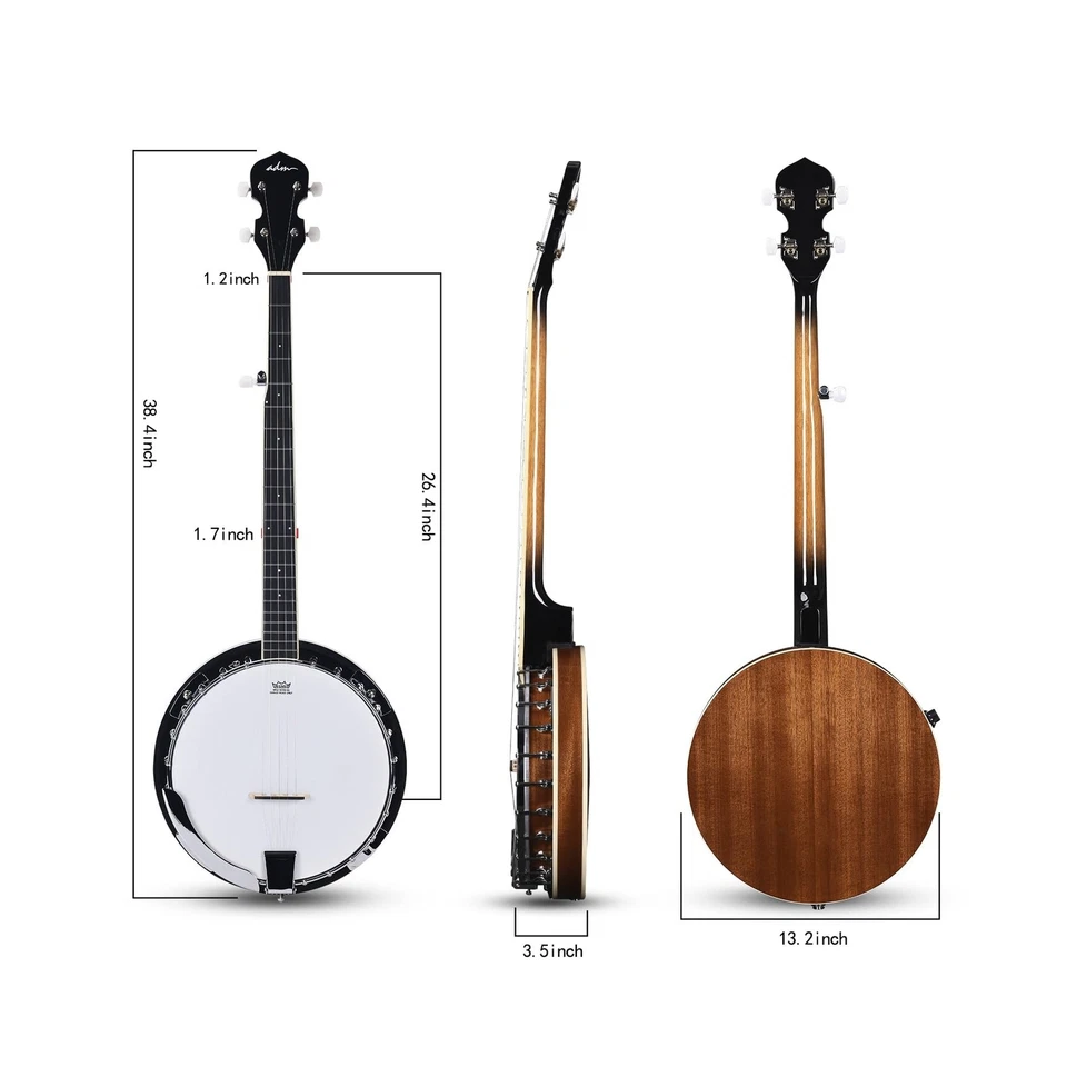 ADM Banjo 5 String Full Size Acoustic Electric Banjoes Set Remo Drum, Geared ... - Image 2 of 4
