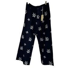 Elie Tahari Size 8 Linen Embroidered Trousers Pants Wide Leg Navy Tropical Fern