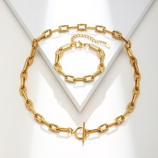 Women Jewelry Set Stainless Steel Embossed Oval Handmade Chain Bracelet Necklac