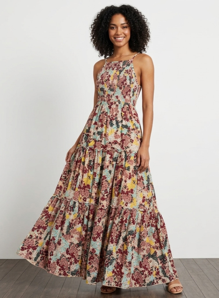 Abel The Label Floral Tiered Maxi Dress Womens Small Pink Blue Smocked Boho