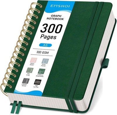 EMSHOI Spiral Graph Paper Notebook - 300 Pages, 100 GSM Thick Grid Notebook, 