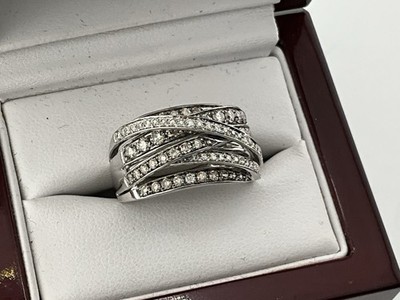LeVian 14k White Gold  White & Chocolate Diamond Criss Cross Ladies Ring SZ 7.25